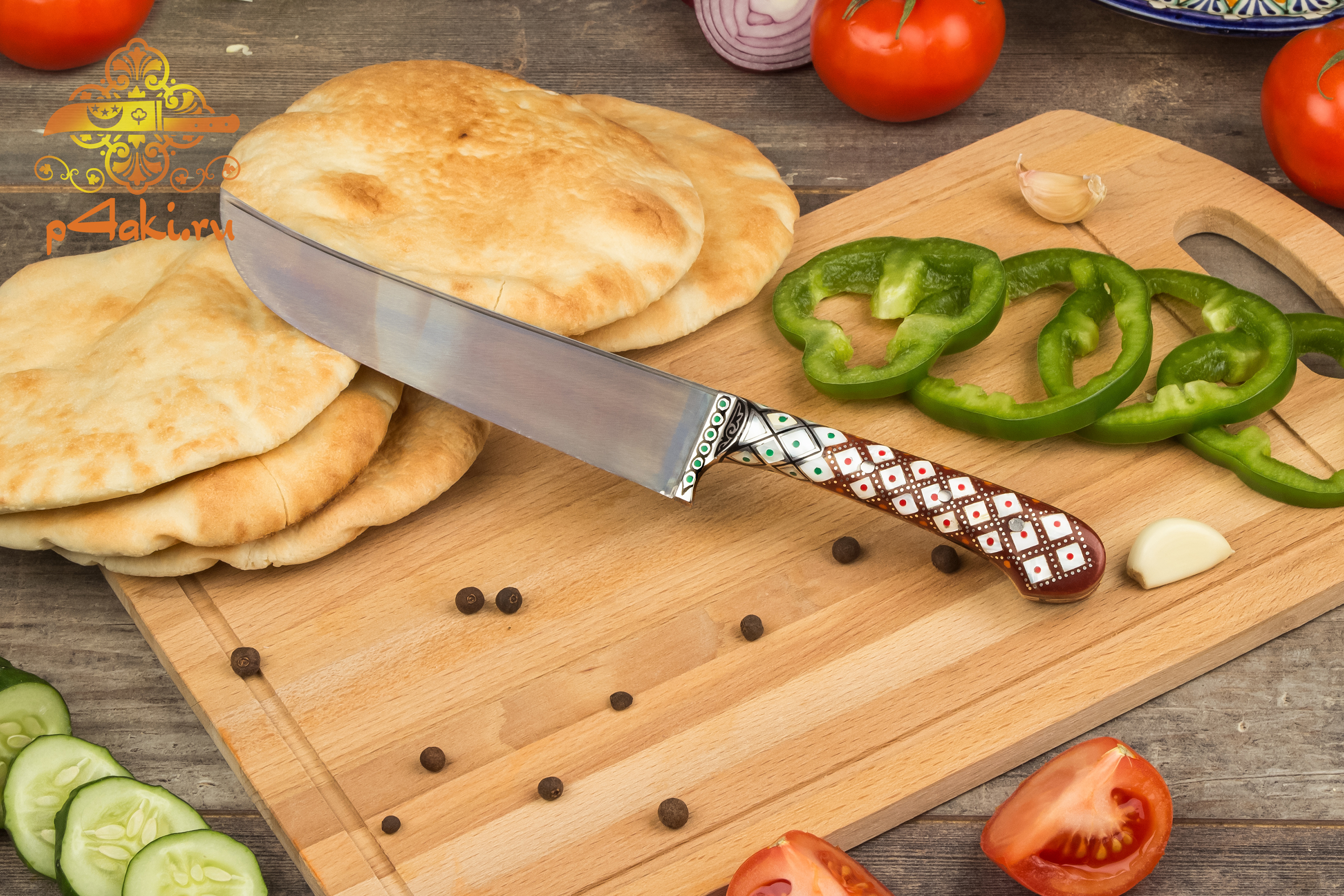 Узбекский нож пчак "Урман", (монтаж накладки «Ерма даста» — рукоятка из пластика.) со вставками перламутра (садаф) и чермяхи,  «гюльбанд» и «бринч» — олово, мельхиор